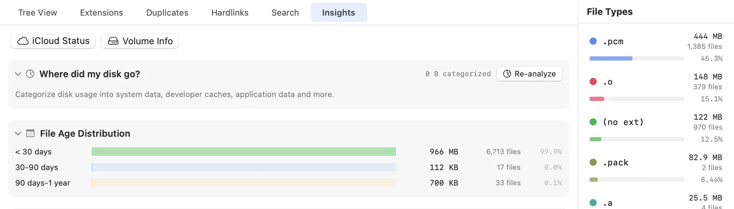 DirWiz insights tab: space categorization, file age distribution and size distribution cards